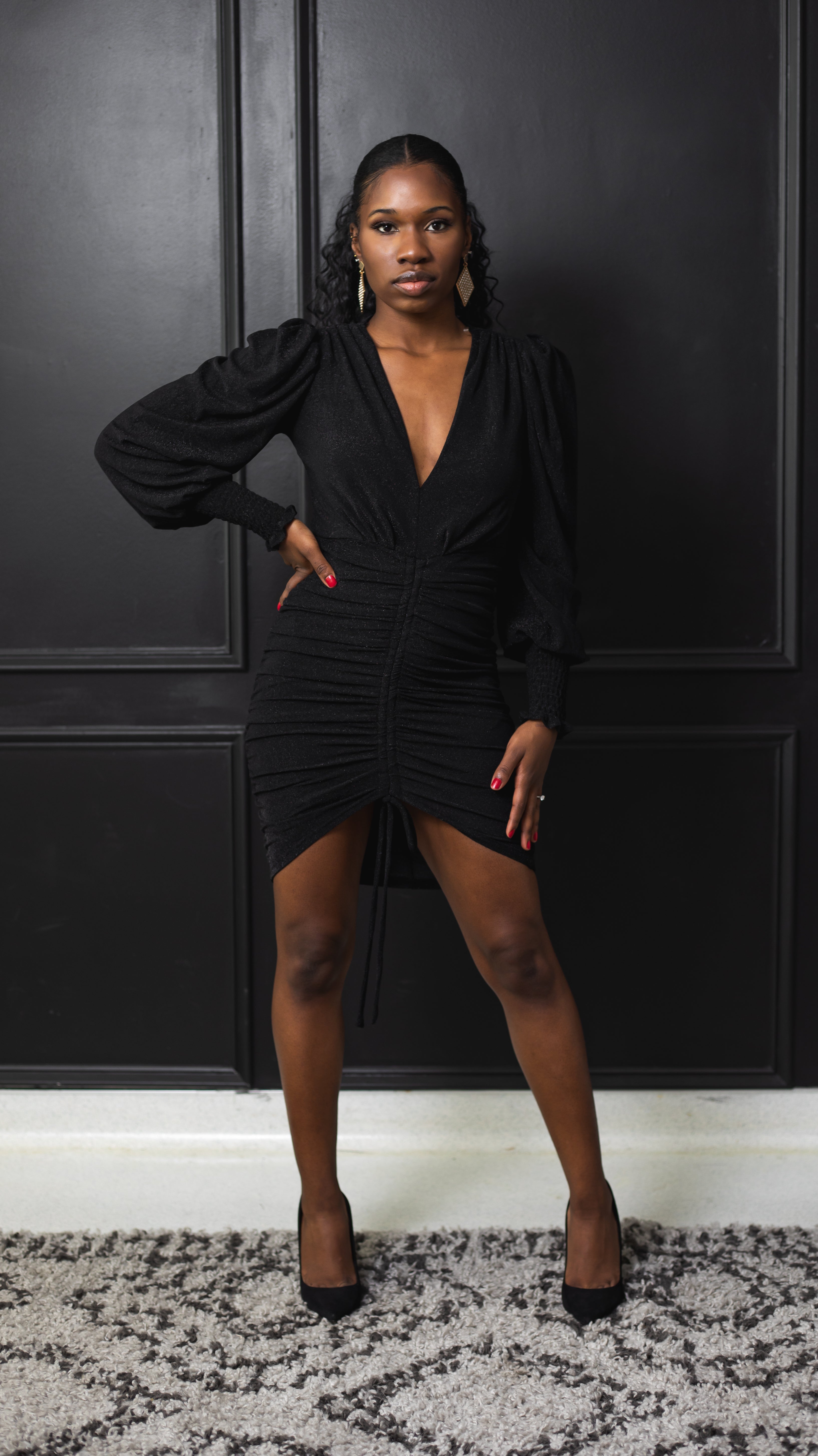 Shimmer Puff sleeve dress | Black
